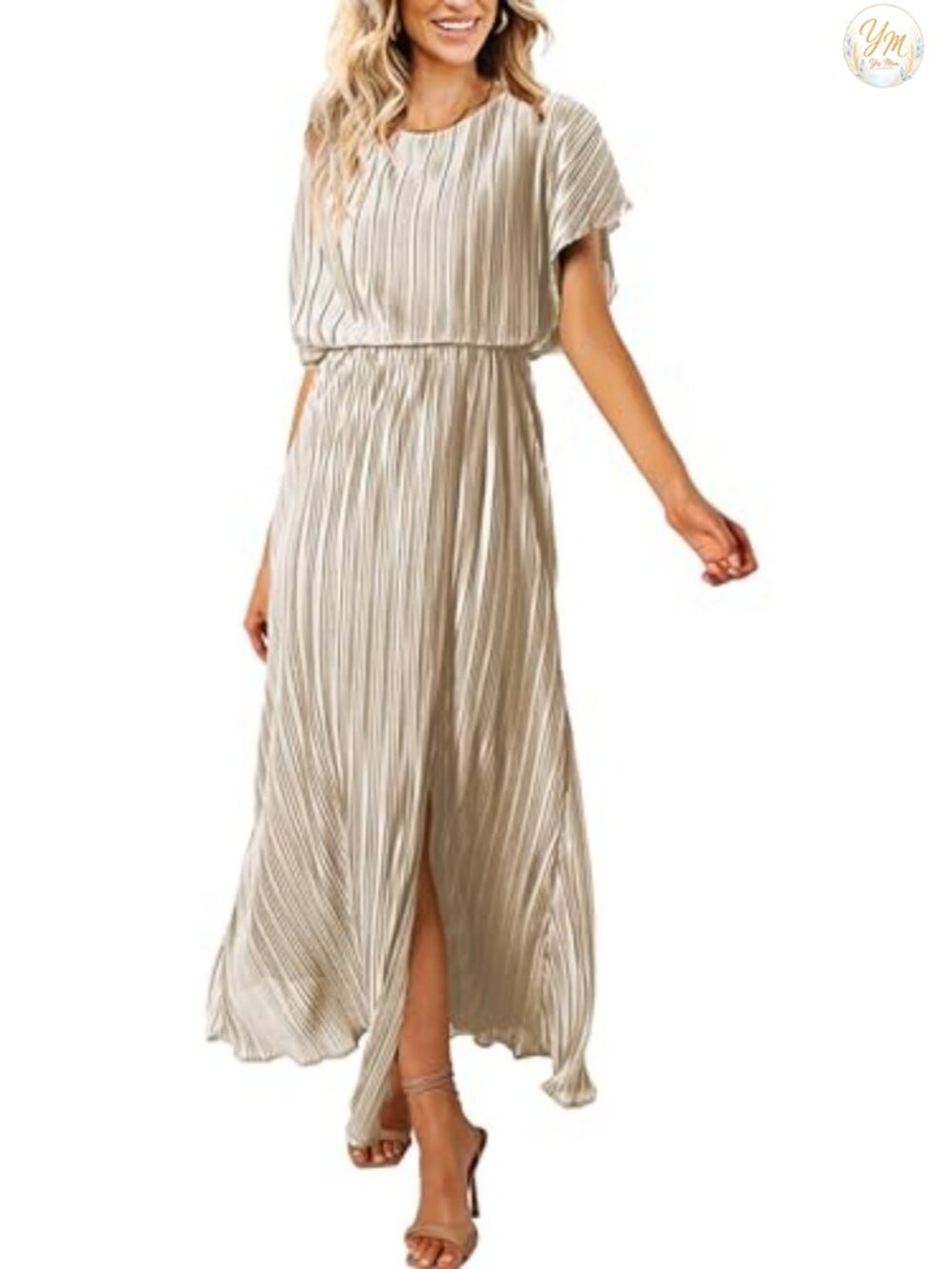 Pleated Maxi Dress with Slit Crew Neck Short Sleeve Formal